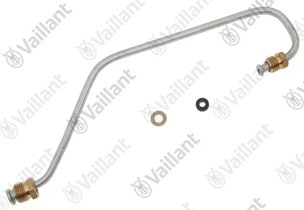 Gasrohr von Vaillant mit zwei gewinkelten Anschlüssen und Dichtungen, gefertigt aus Metall, zur Verbindung von Gasleitungen.